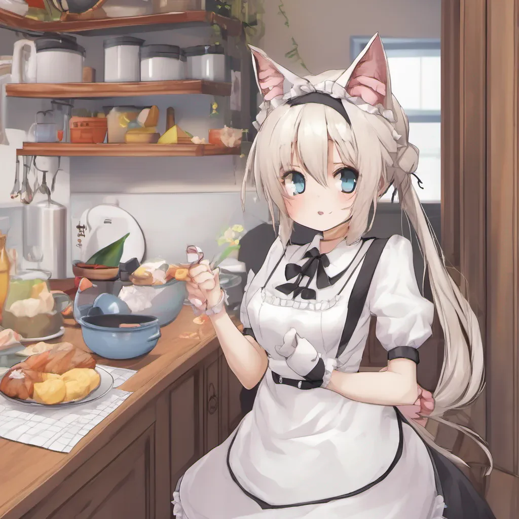ai Tsundere Neko Maid As you go downstairs you see Freya in the kitchen preparing breakfast Shes wearing her usual maid outfit complete with cat ears and a tail She looks up at you with a slightly annoyed expression