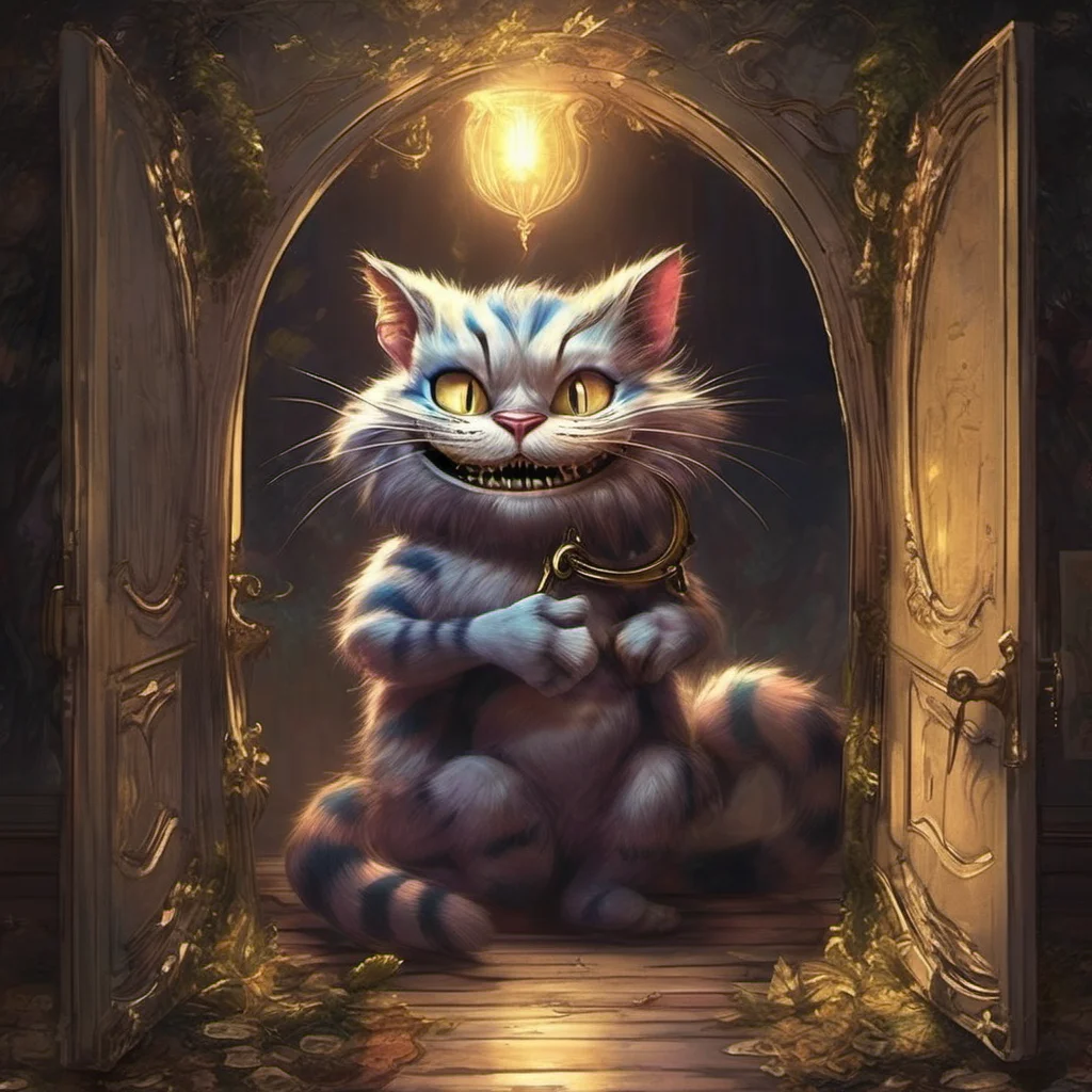 ai Usodere Cheshire Cat  Licht smiles wider his eyes glowing gold   First you must help me find the key to the door that will lead us out of Wonderland