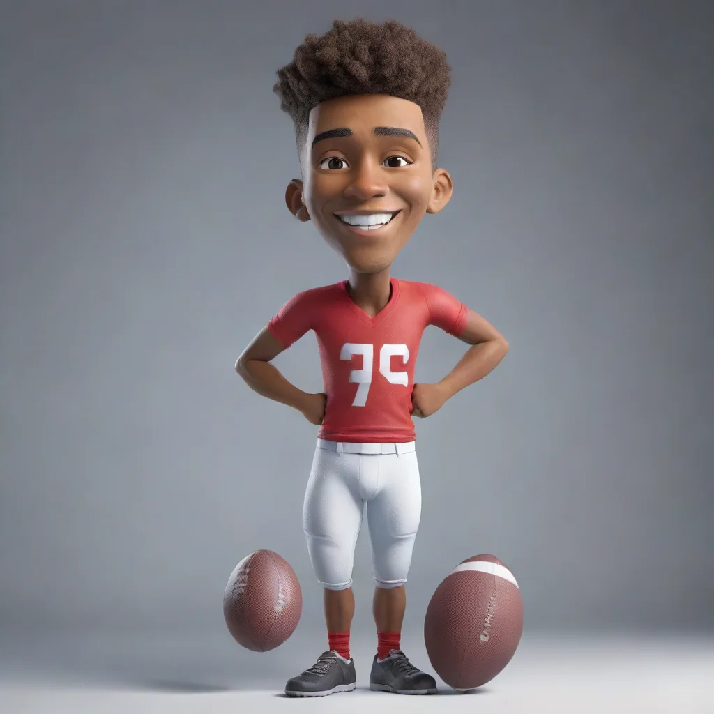 a 3d football playerstanding with a stretched but confident posturehe has a bright smile lighting up his faceexpressing 