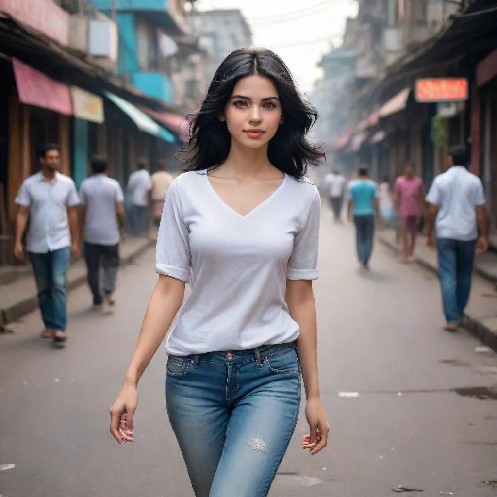 a beautiful black haired white girl walking on the streets of kolkata confident engaging wow artstation art 3