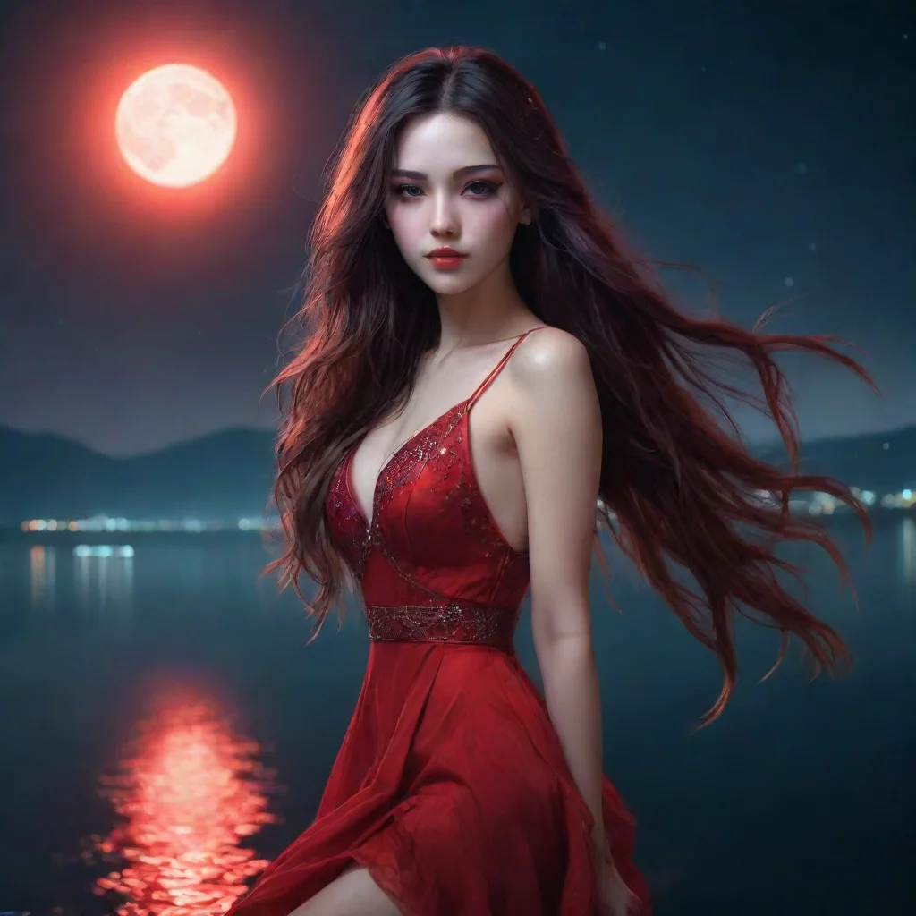 a beautiful girl cyberpunknightlakemoonlong hairred dressstars amazing awesome portrait 2