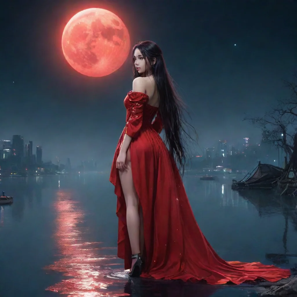 a beautiful girl cyberpunknightlakemoonlong hairred dressstars good looking trending fantastic 1
