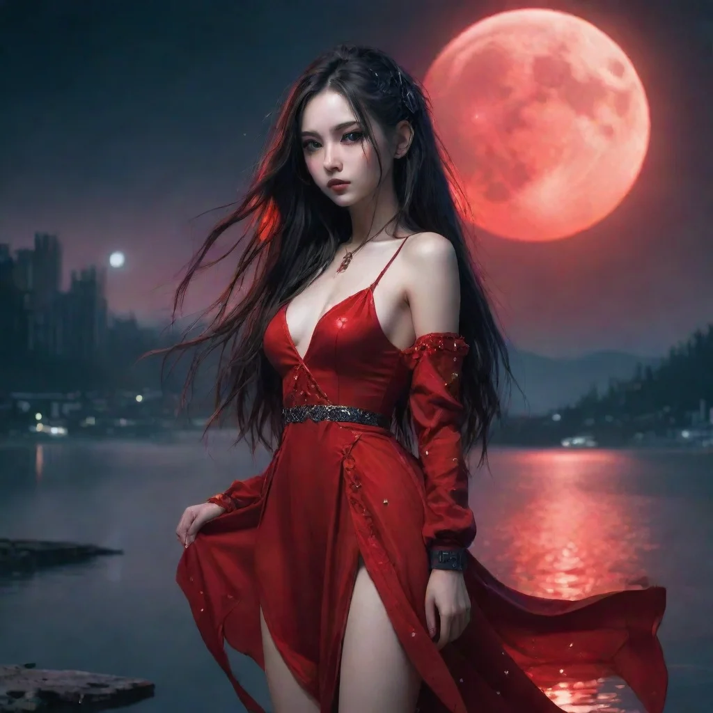 a beautiful girl cyberpunknightlakemoonlong hairred dressstars