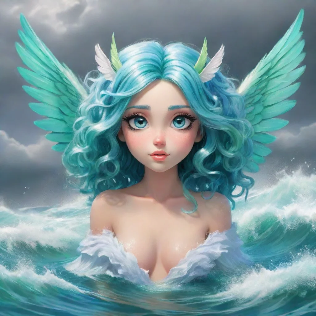 ai a behemoth with fluffy aqua blue hair and fur with large aqua blue eyes and a aqua green halo with aqua green cupid like