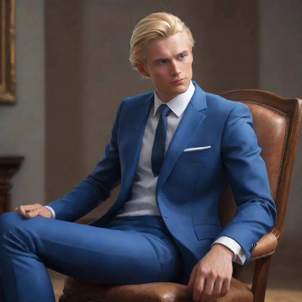 ai a blond man in blue suits sits on a chair confident engaging wow artstation art 3