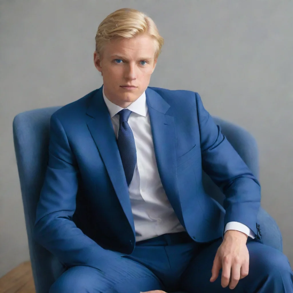 ai a blond man in blue suits sits on a chair