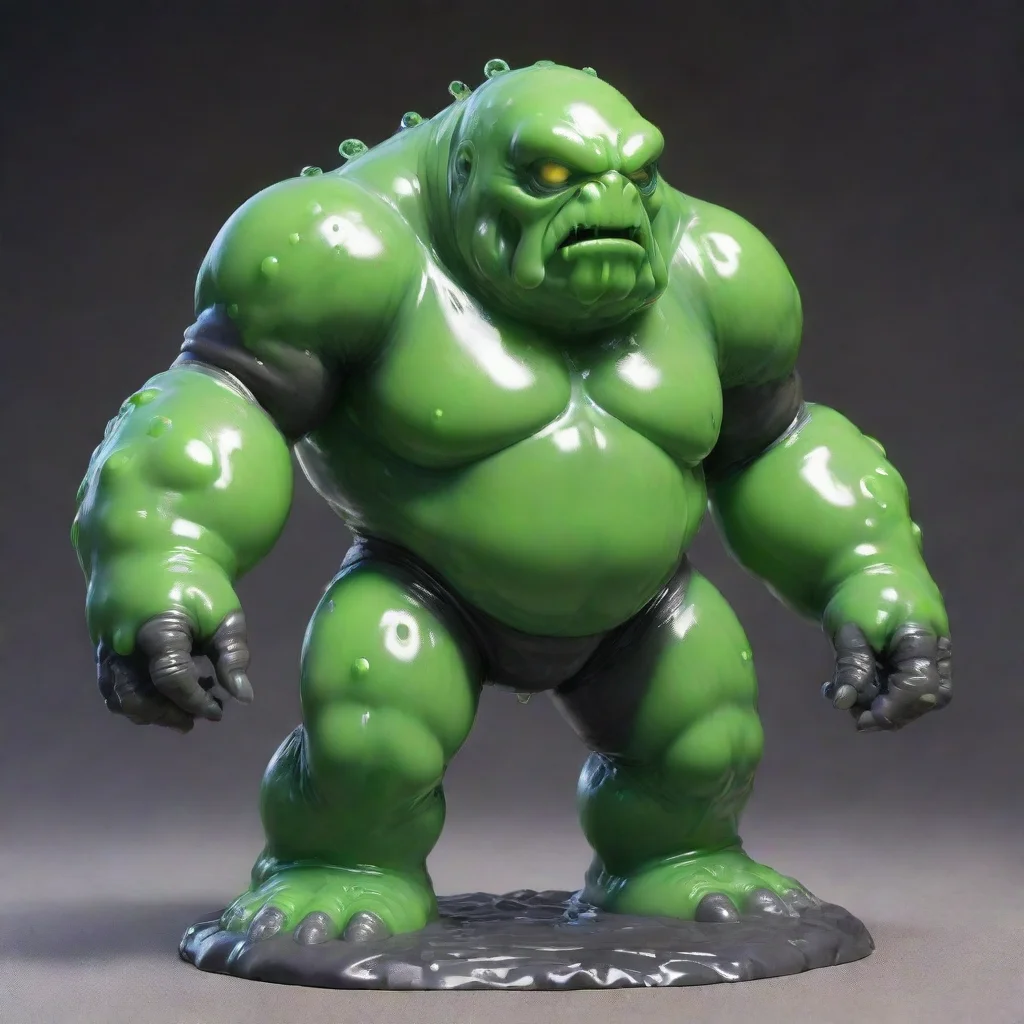 ai a bulky ooze slime golem that can barely maintain its humanoid form due to being liquid with a metalic object magically 