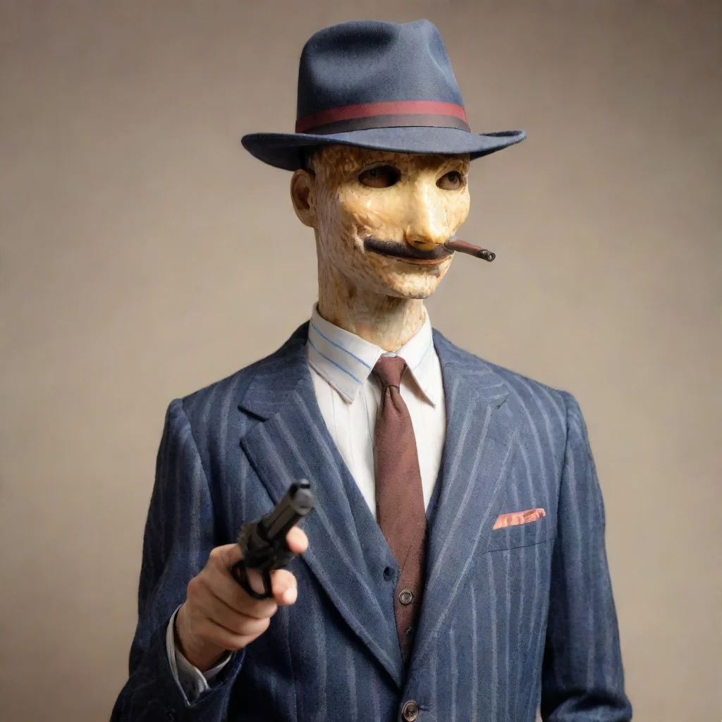 ai a cheese headed man whit a fedora in an italian striped suit whit a gun