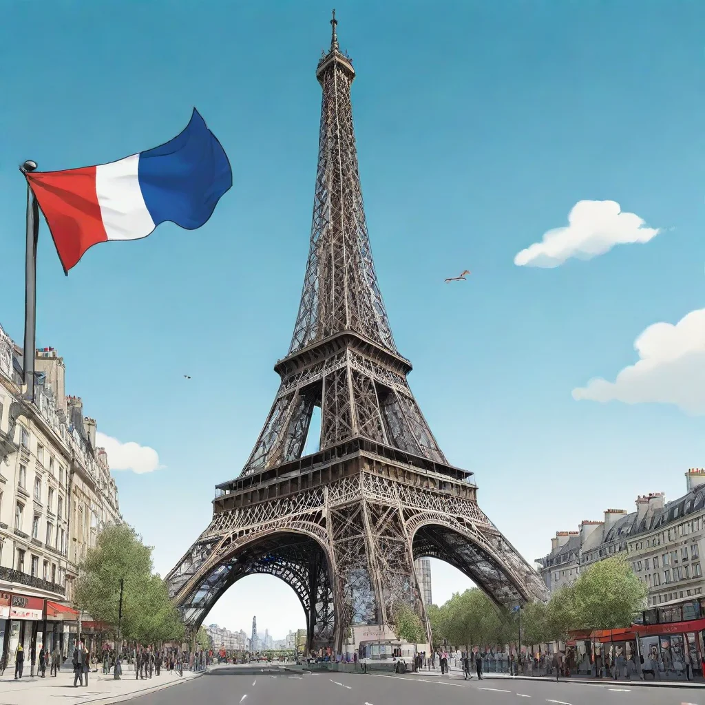 ai a comic style illustration of the eiffel towerthe tower is walking through london and is waving the french flag 