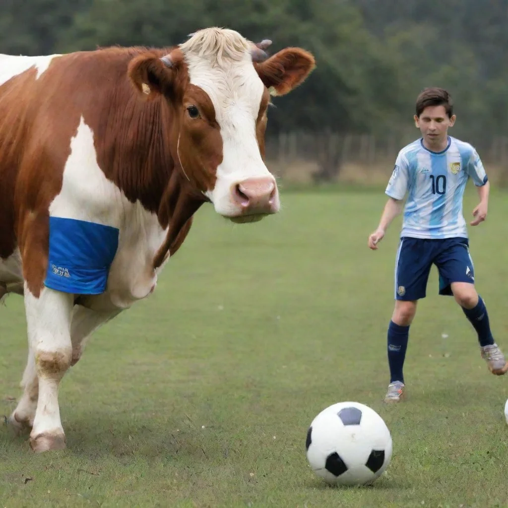a cow play soccer with leonel messi