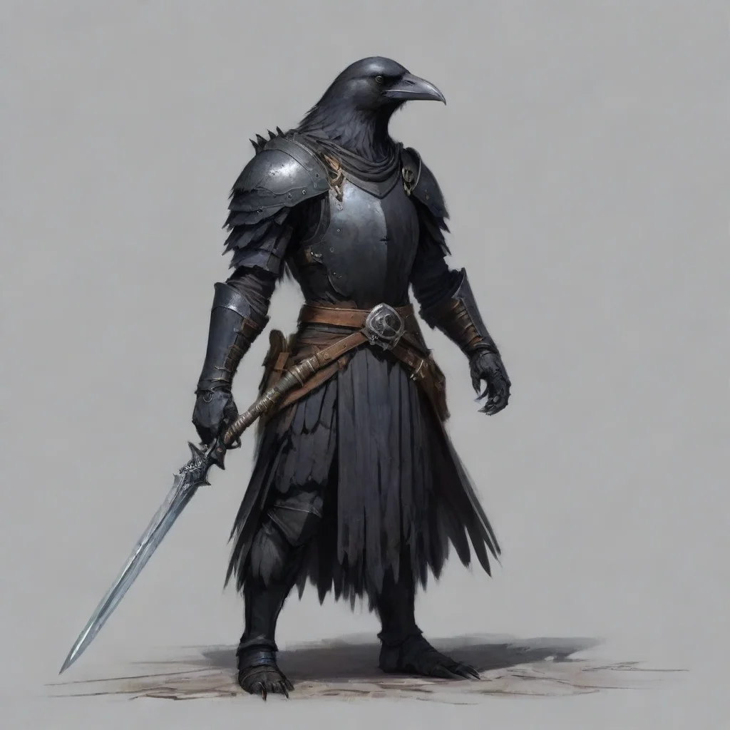 a crow person in a crow armour with a crow sword concept art