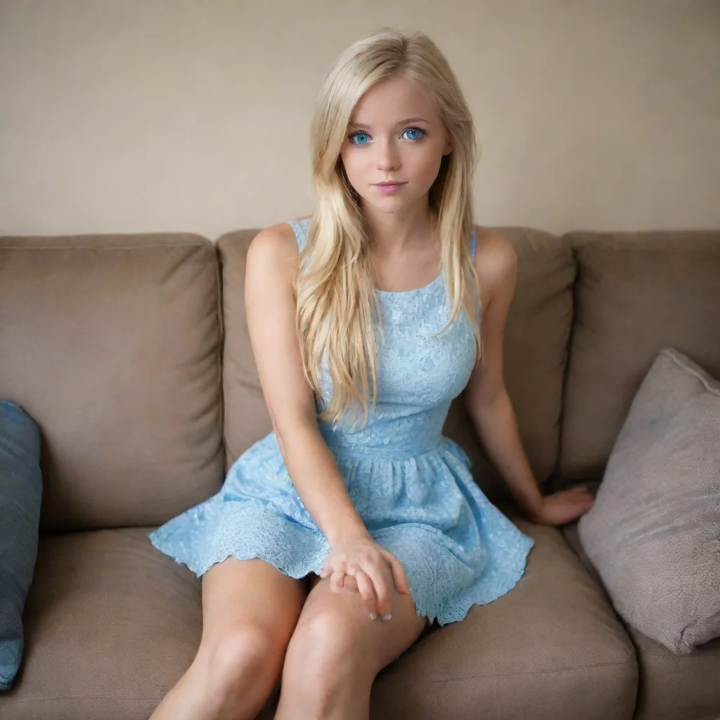 ai a cute blonde hair blue eyed girl in a short dress sitting on the couch eager to watch a movieslightly aroused amazing a