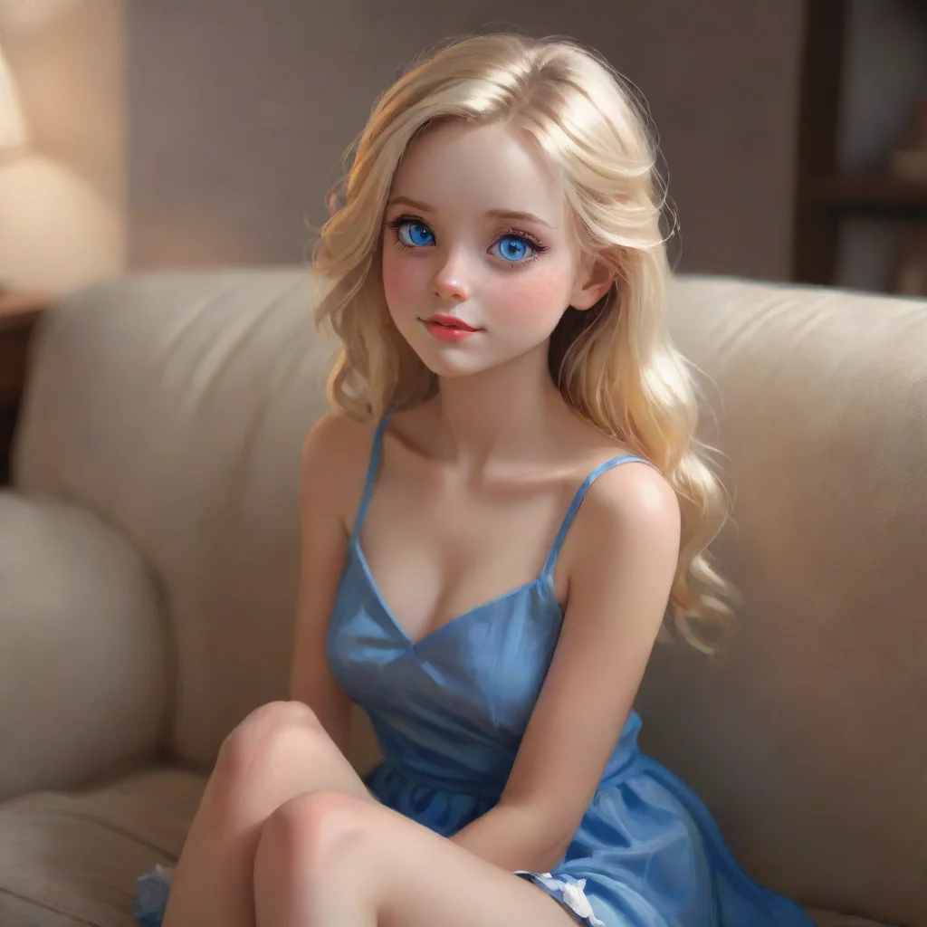 ai a cute blonde hair blue eyed girl in a short dress sitting on the couch eager to watch a movieslightly aroused confident