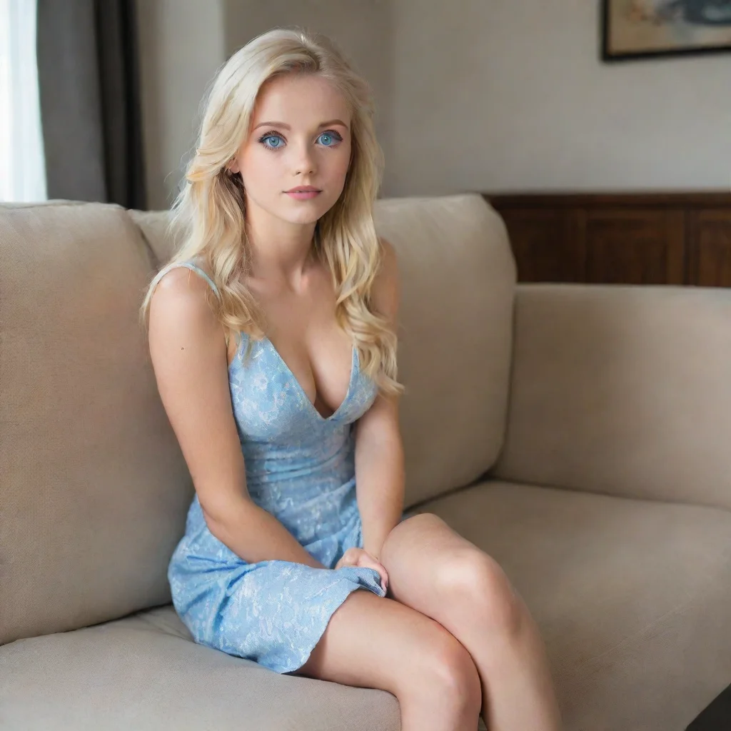 ai a cute blonde hair blue eyed girl in a short dress sitting on the couch eager to watch a movieslightly aroused