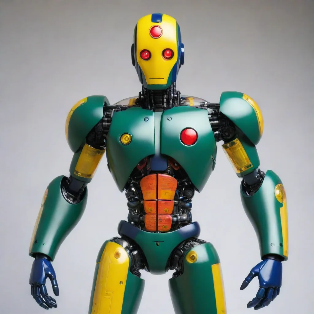 ai a dark green robot with navy blue forearmsa black head with transparent yellow face and transparent red on his thighsgro