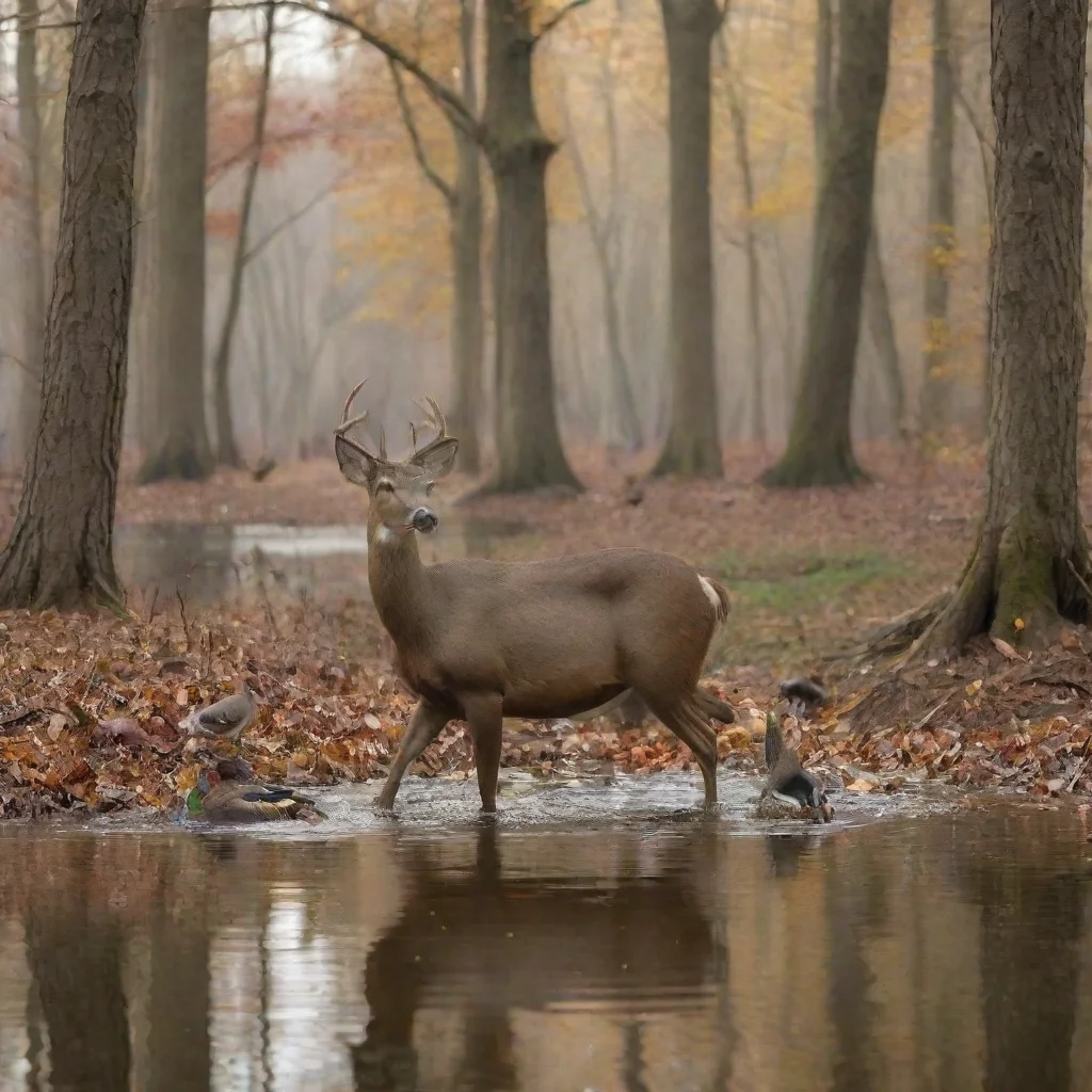 ai a deer and turkey and duck and flying ducks in the woods at a pond good looking trending fantastic 1