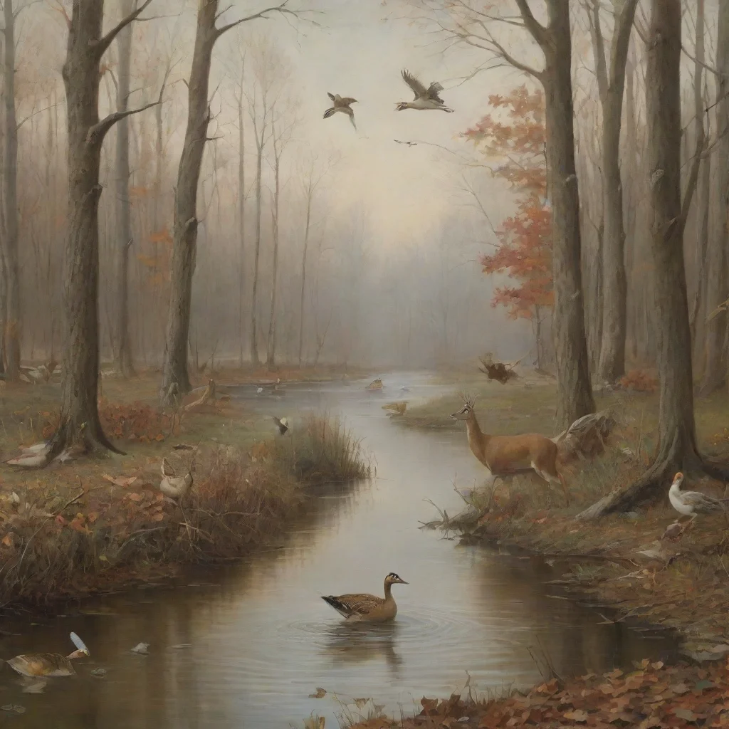 ai a deer and turkey and duck and flying ducks in the woods at a pond