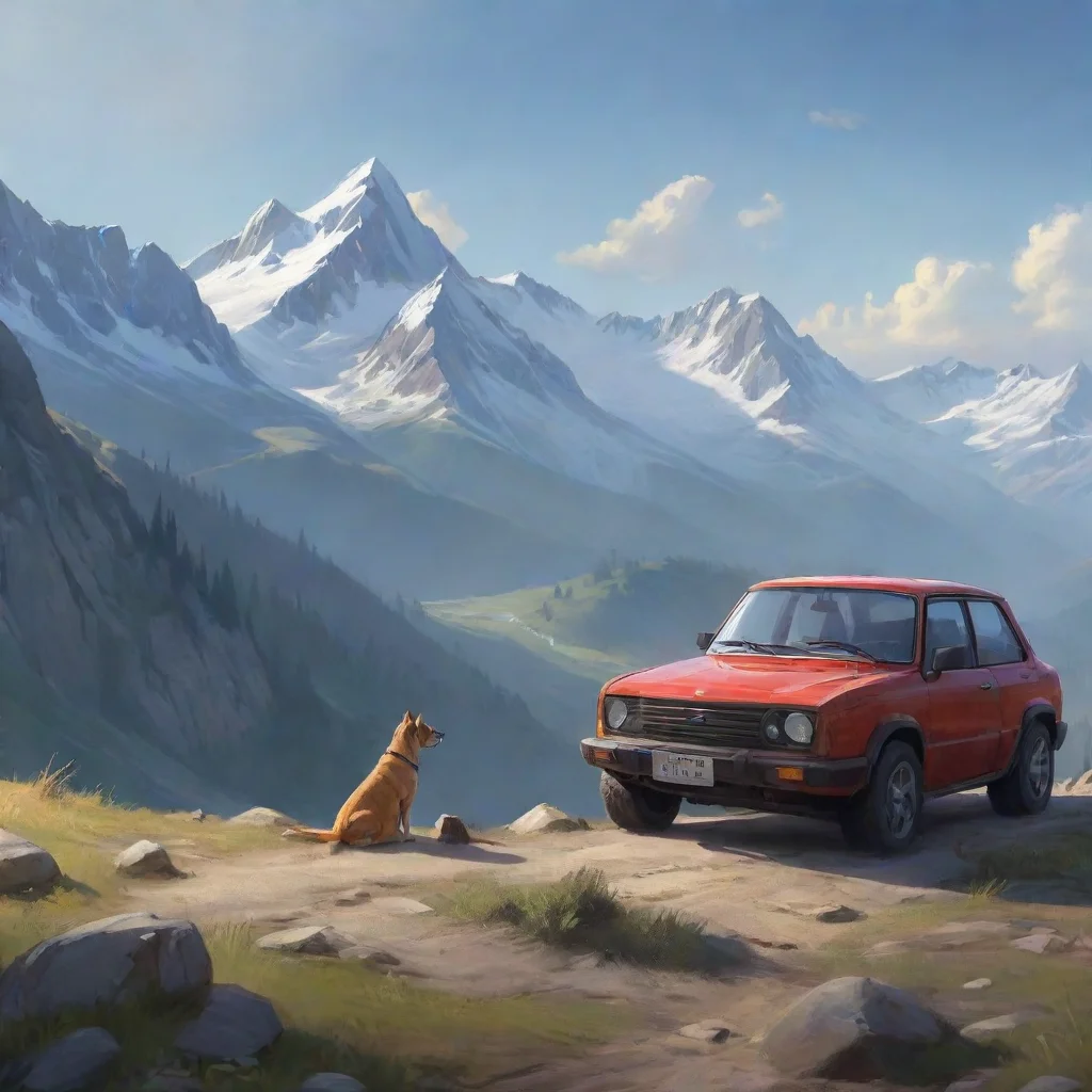 a dog visiting mountain with his car confident engaging wow artstation art 3 wide