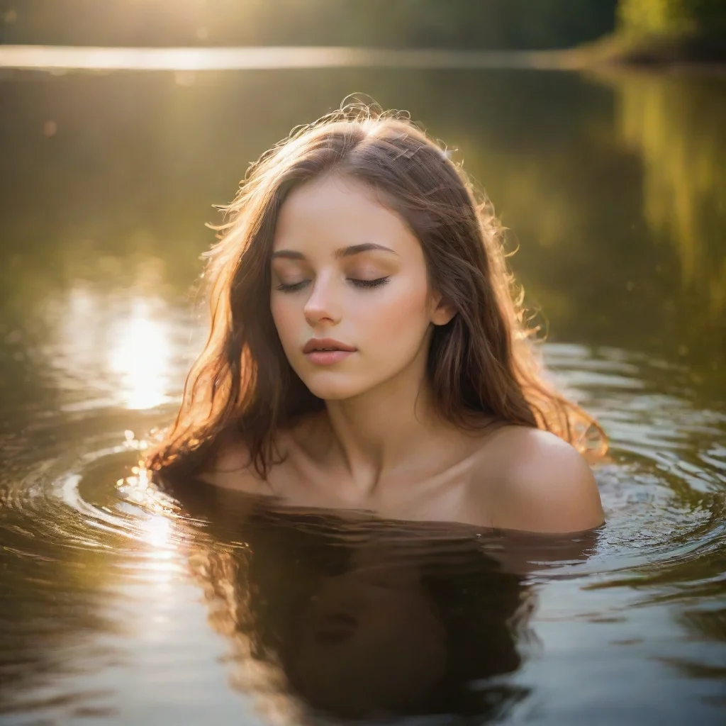 ai a dreamy young nymphher eyes closedbathed in the warm glow of sunlight smallidyllic lake good looking trending fantastic