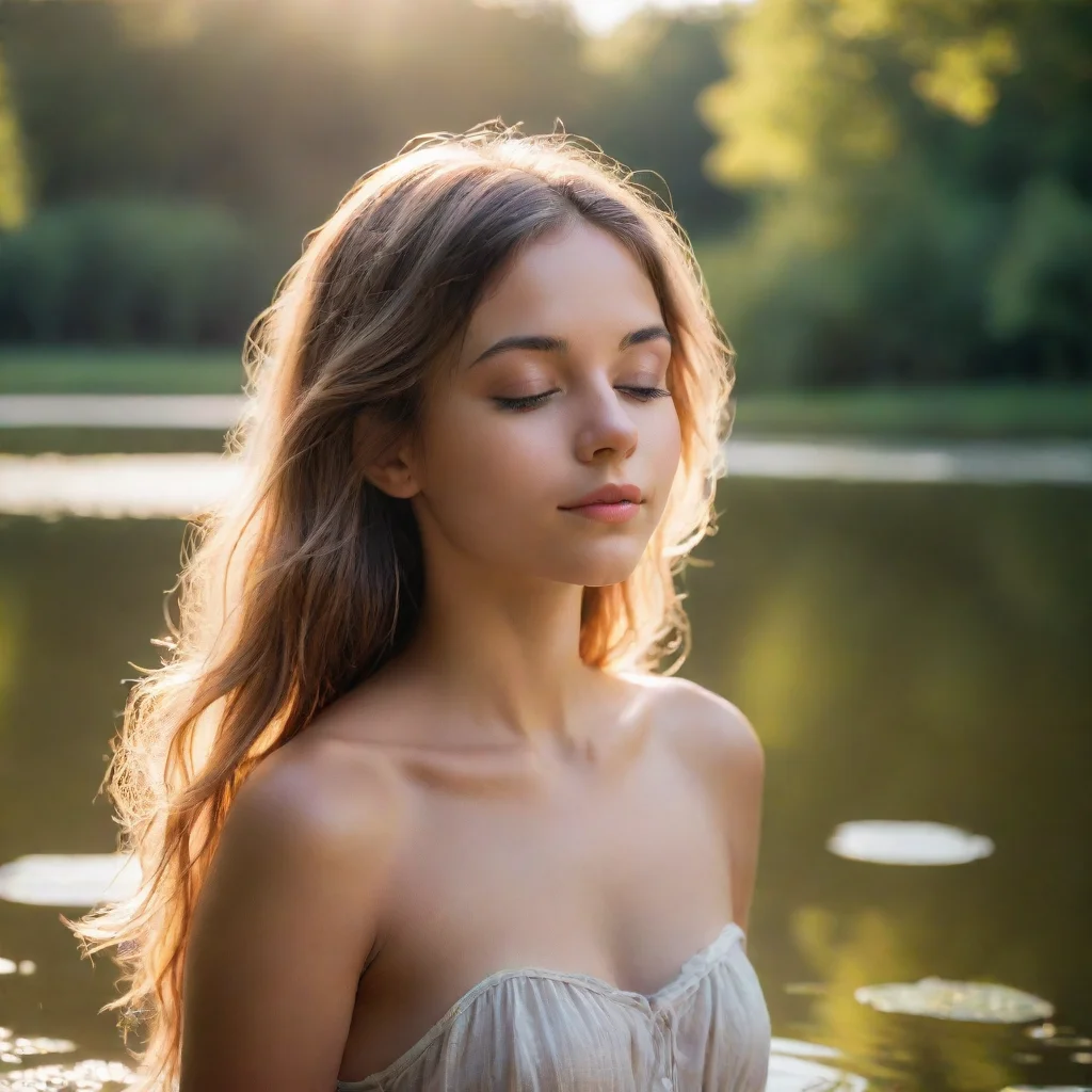 ai a dreamy young nymphher eyes closedwarm glow of sunlight smallidyllic lake good looking trending fantastic 1