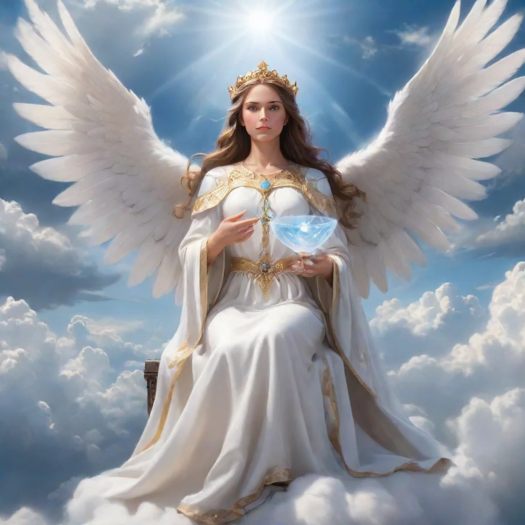 a female archlord with white angelic wings sitting on beautiful clouds in the sky and holding a diamond chalice