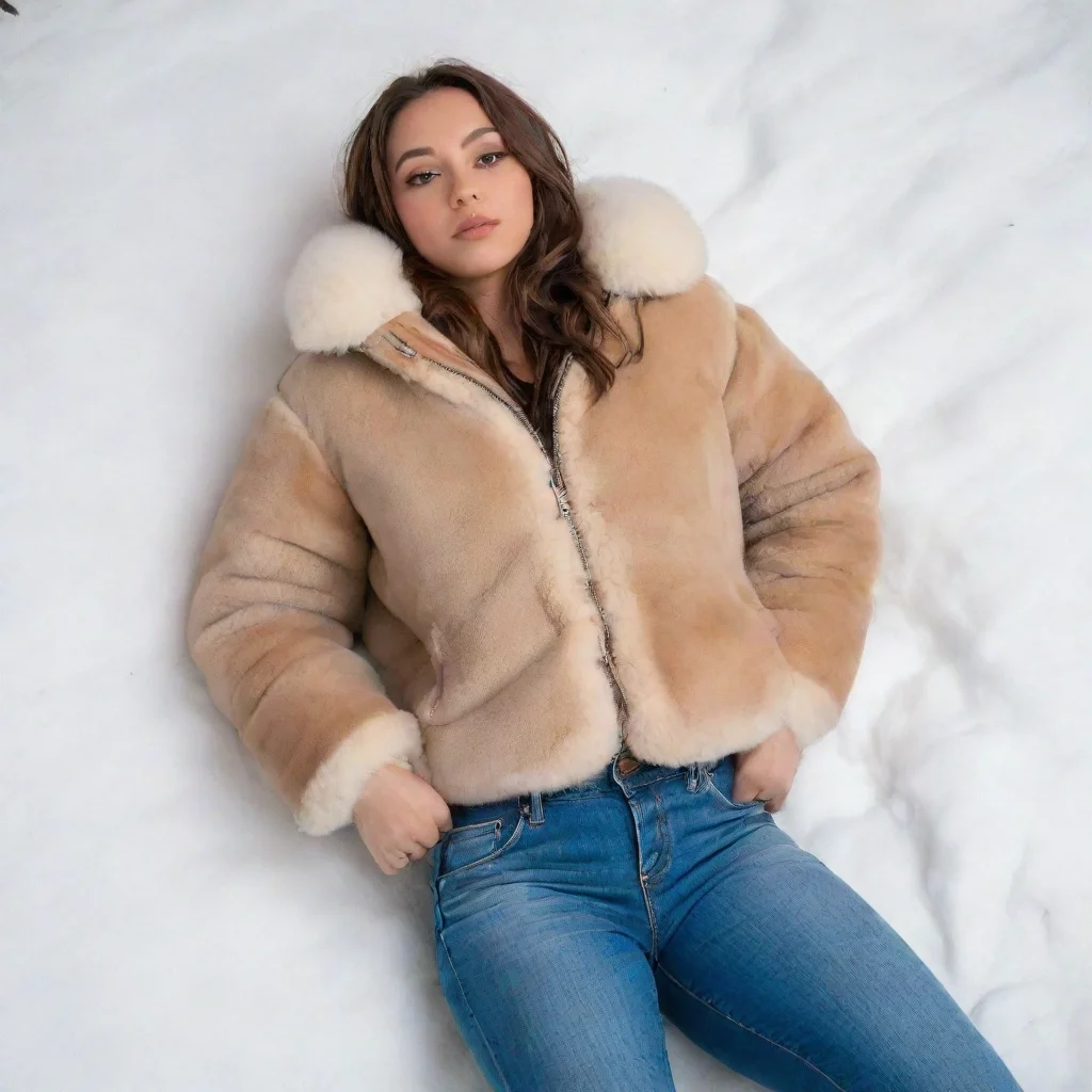 ai a female wears b3 shearling jackettight jeanstall snow bootsshe is lying downher crotch area is facing the camerawide