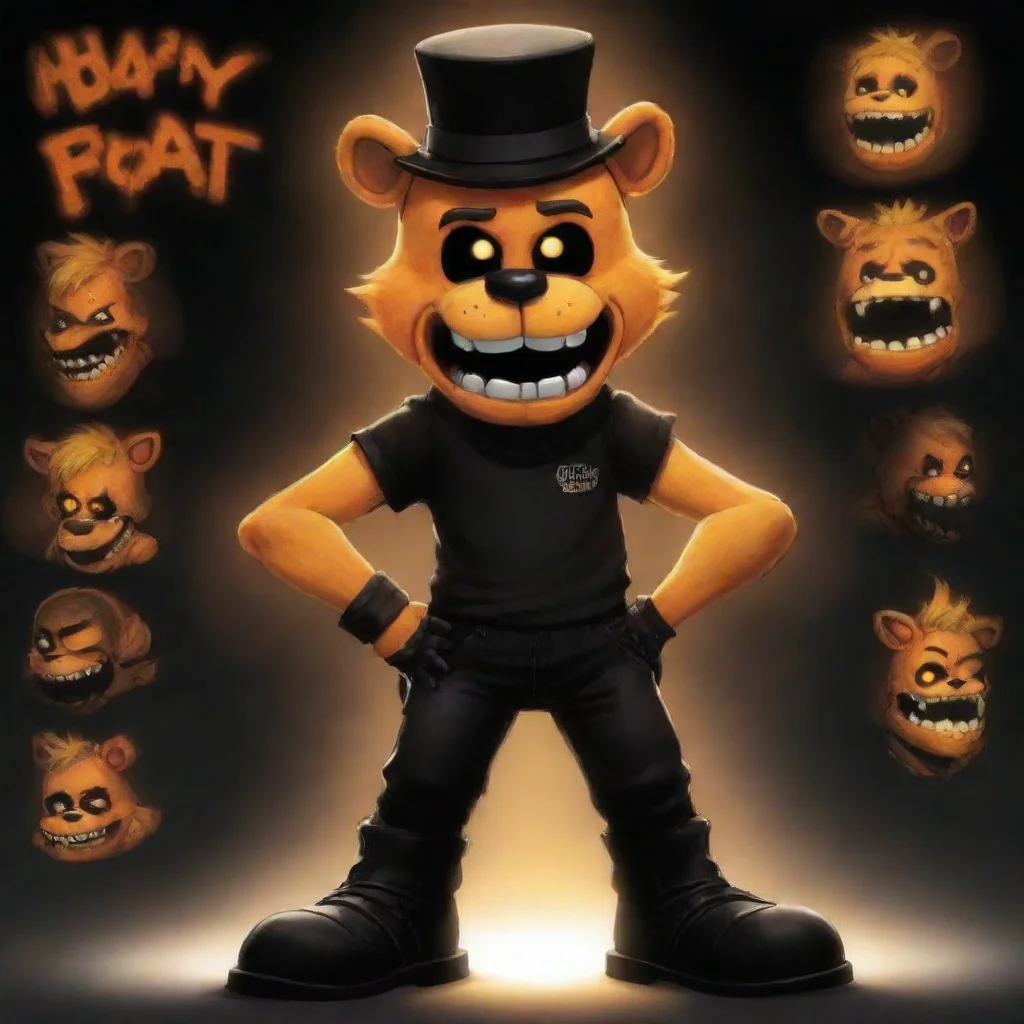ai a fnaf 4 character that has a orange tophat blonde hair a orange bandana a black t shirt a black short and black boots w