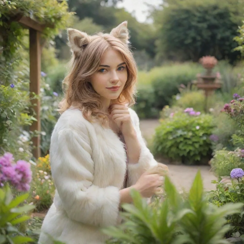 ai a furry women at the garden with beautifull nature