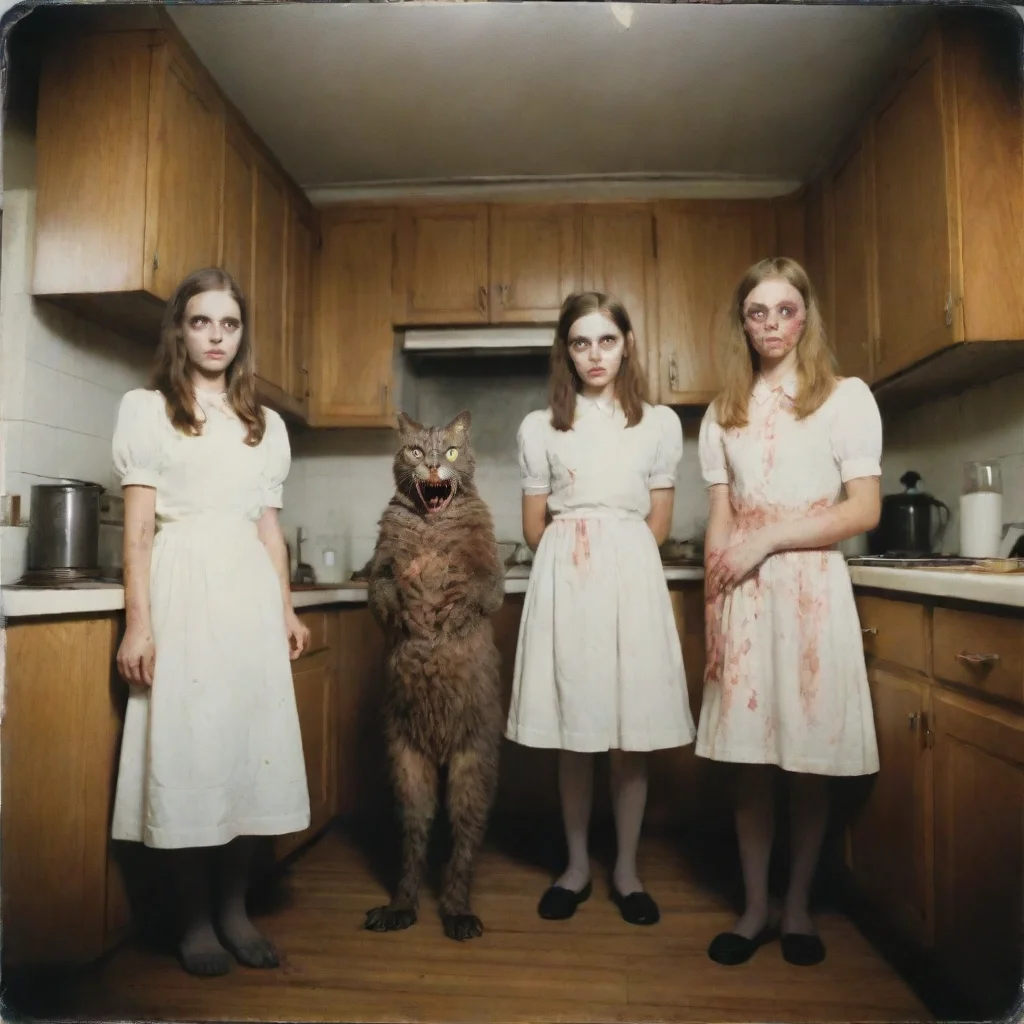ai a giant cypress cat with a mean zombie head in an old kitchen with two scared girlsuncanny horrorpolaroid