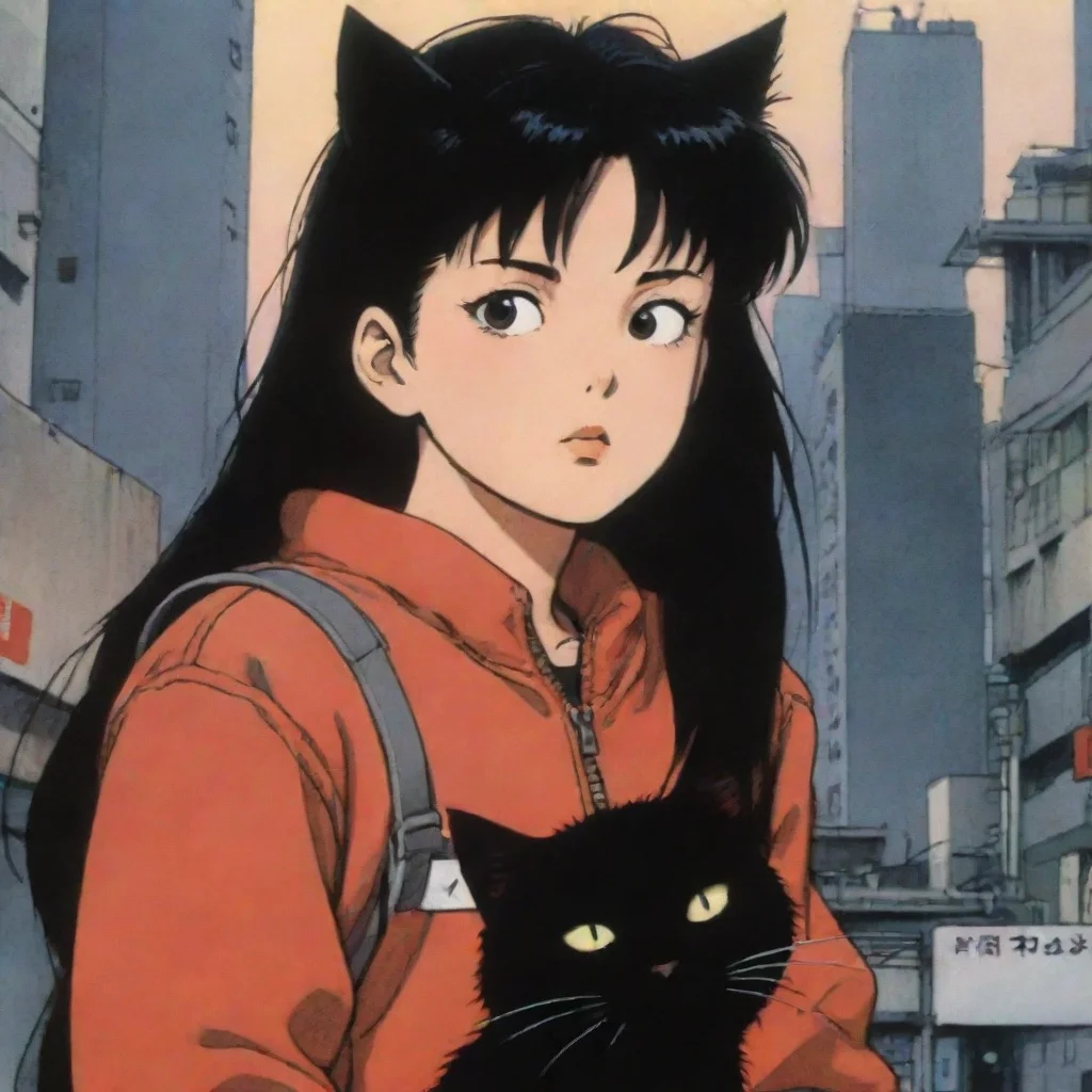 a girl with a black cat in a scene from the japanese comic book akira from 1988
