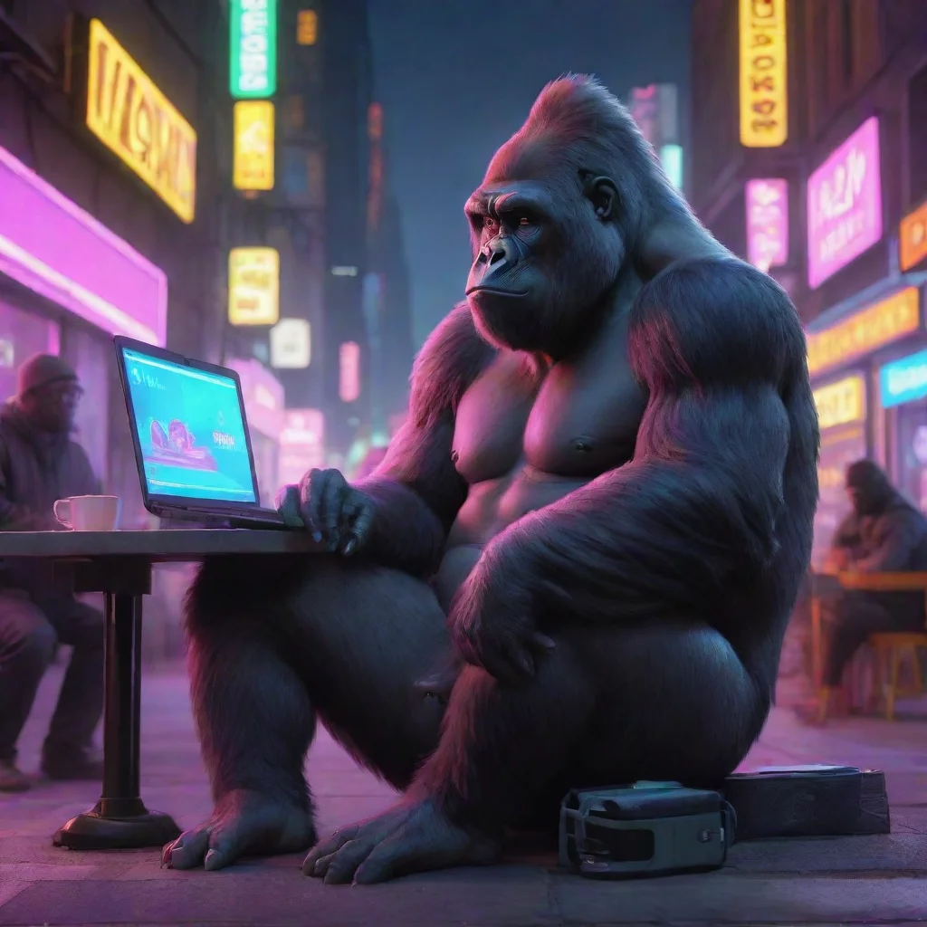 ai a gorilla in sitting in a neon city with a laptop and a coffee confident engaging wow artstation art 3