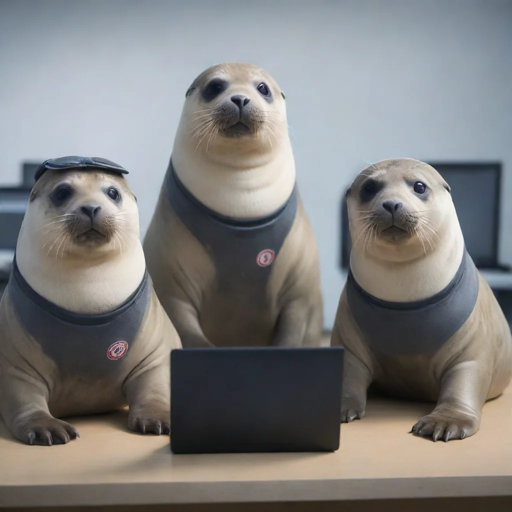 ai a group of three seals using computersone wears an epfl outfitone an unil outfitand one a heig vd outfit amazing awesome