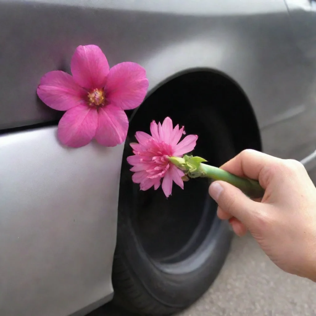 ai a hand inserts a pink flower into the exhaust pipe of a car good looking trending fantastic 1 wide