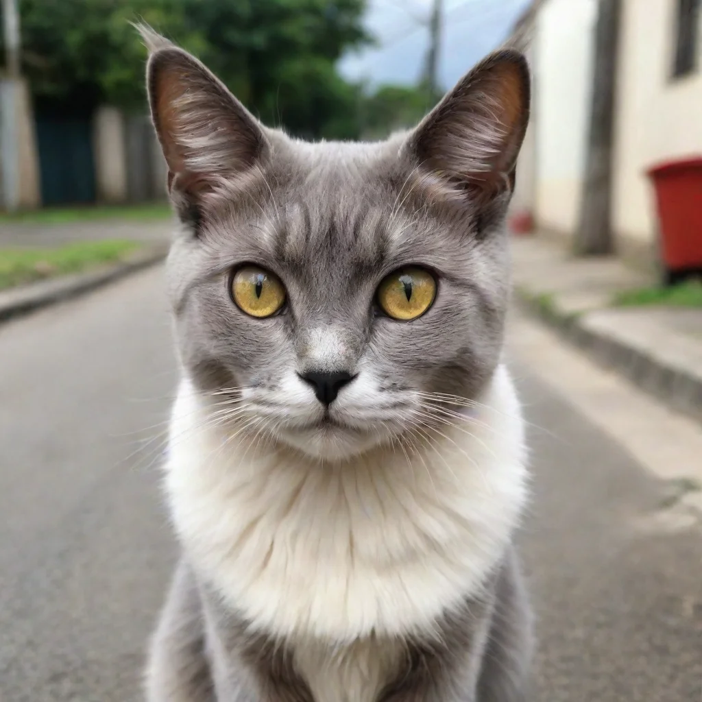 ai a imagen de um gato que tem o pelo da cor do arcorisele esta brincando na cal ado de uma rua em volta de pr dios e casas