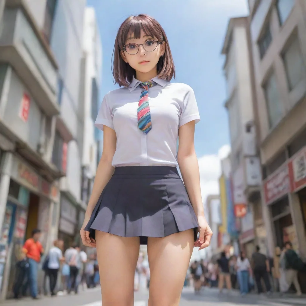 a low camera view looking up the skirt of an adorable nerdy anime woman in an extremely short miniskirt good looking tre