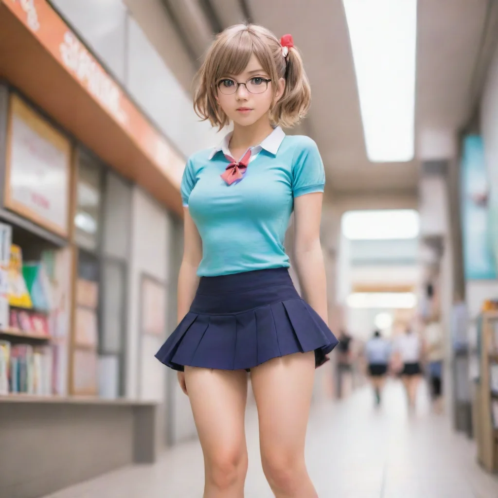 ai a low camera view of an adorable nerdy anime woman in an extremely short miniskirt