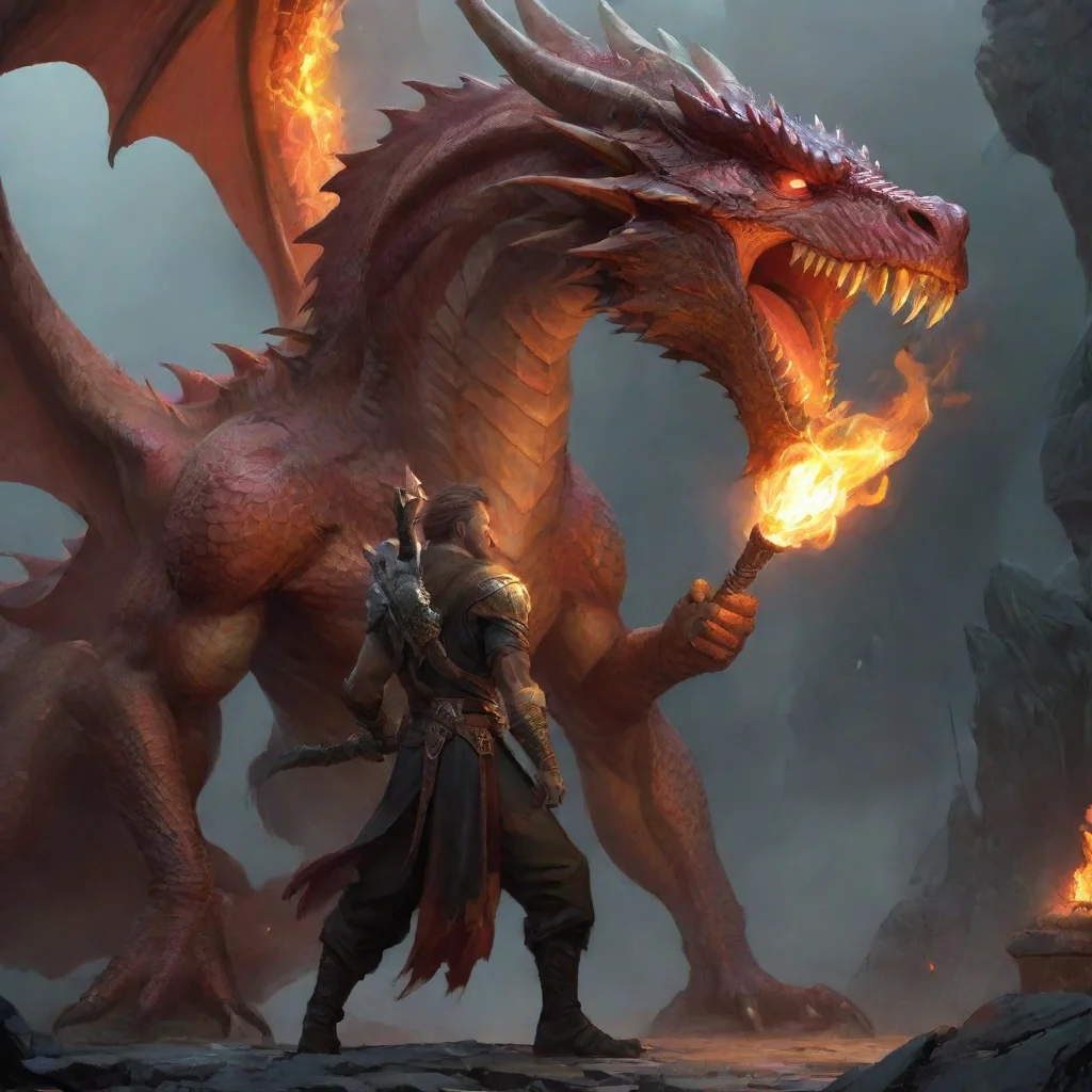a man holding a torch in front of a dragon confident engaging wow artstation art 3 tall