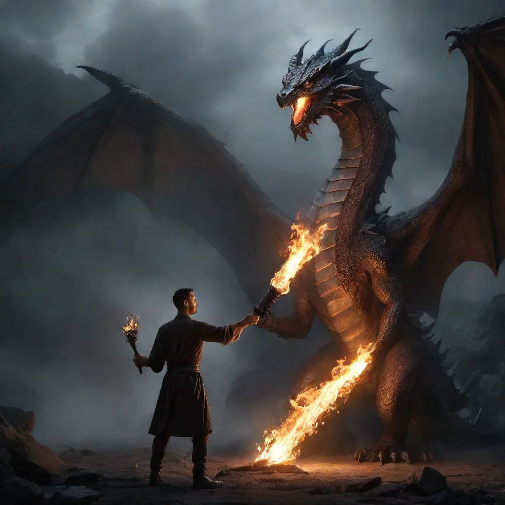 a man holding a torch in front of a dragon good looking trending fantastic 1 tall