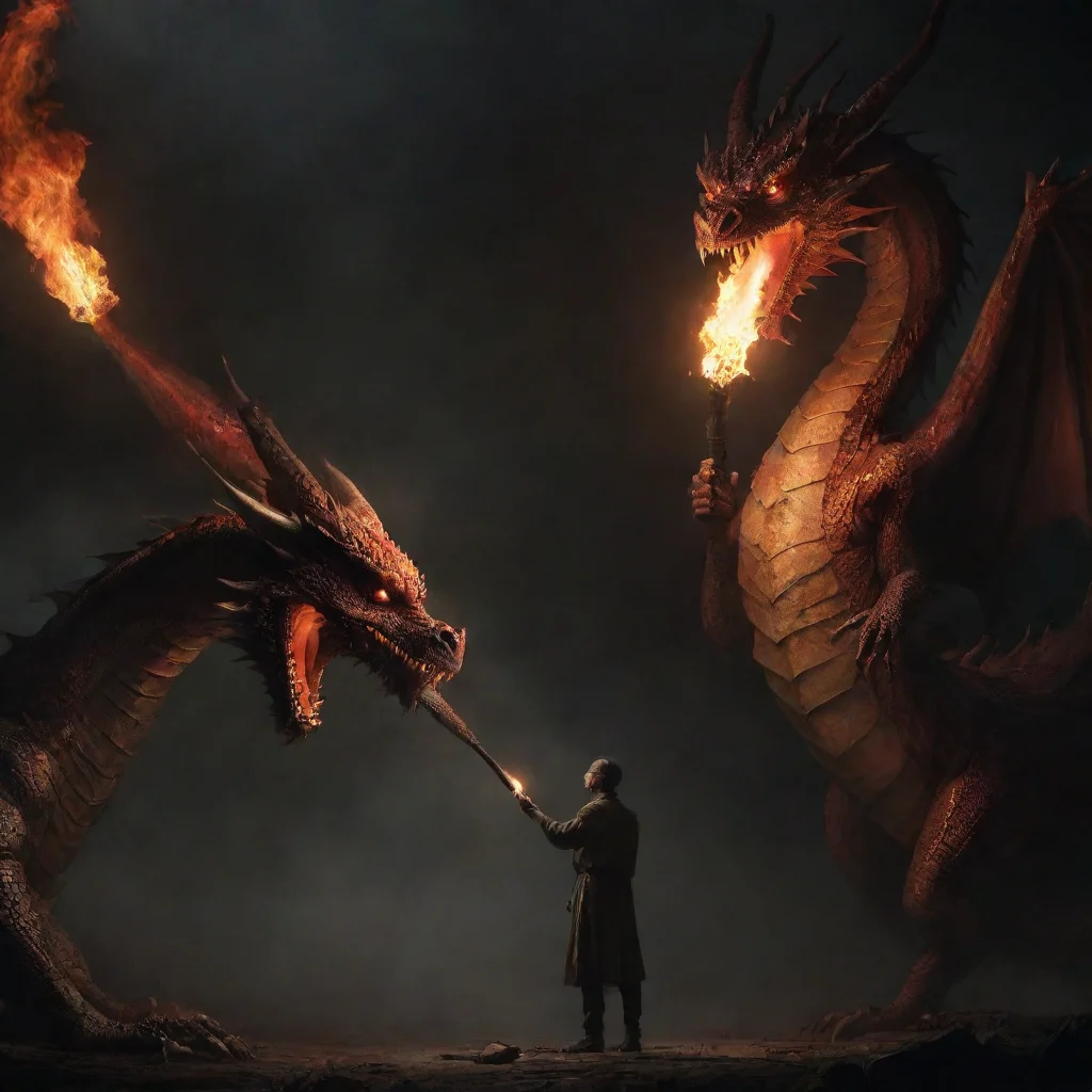ai a man holding a torch in front of a dragon tall