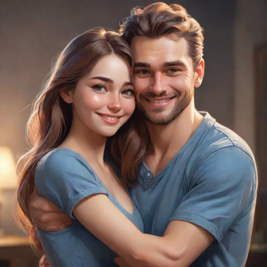 ai a man hugs his girlfriend from behind with smile face and they looking towards the camera confident engaging wow artstat