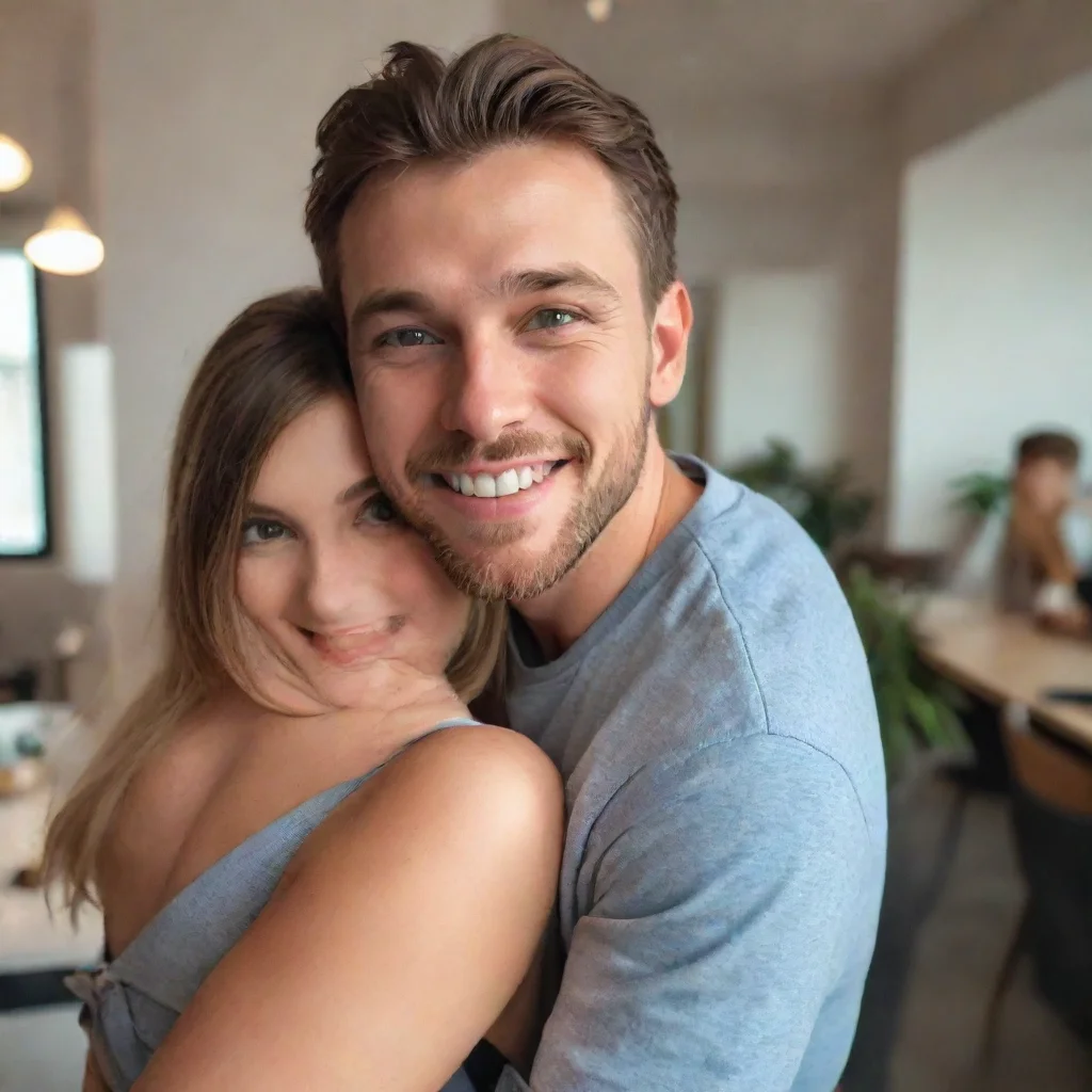 ai a man hugs his girlfriend from behind with smile face and they looking towards the camera good looking trending fantasti
