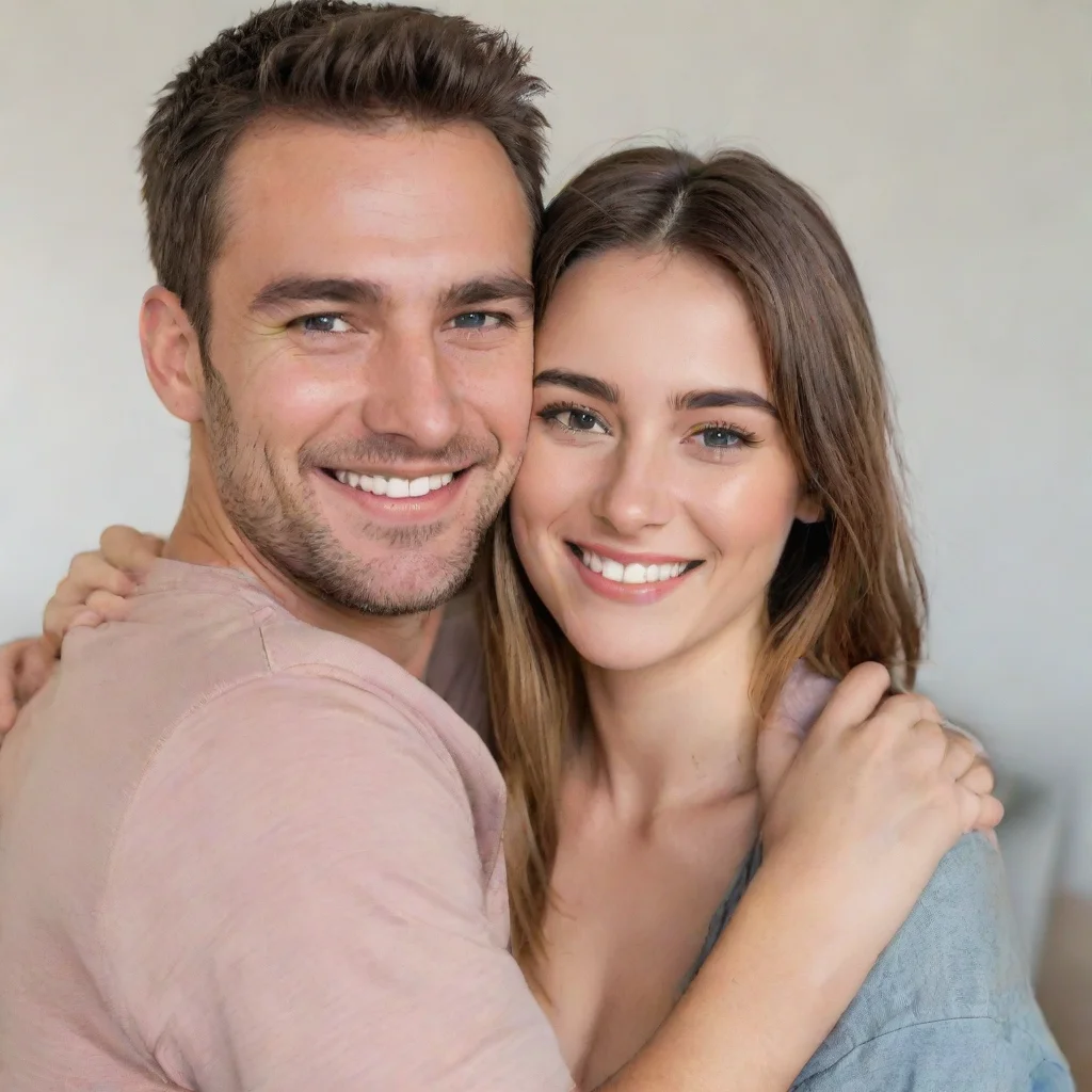 ai a man hugs his girlfriend from behind with smile face and they looking towards the camera