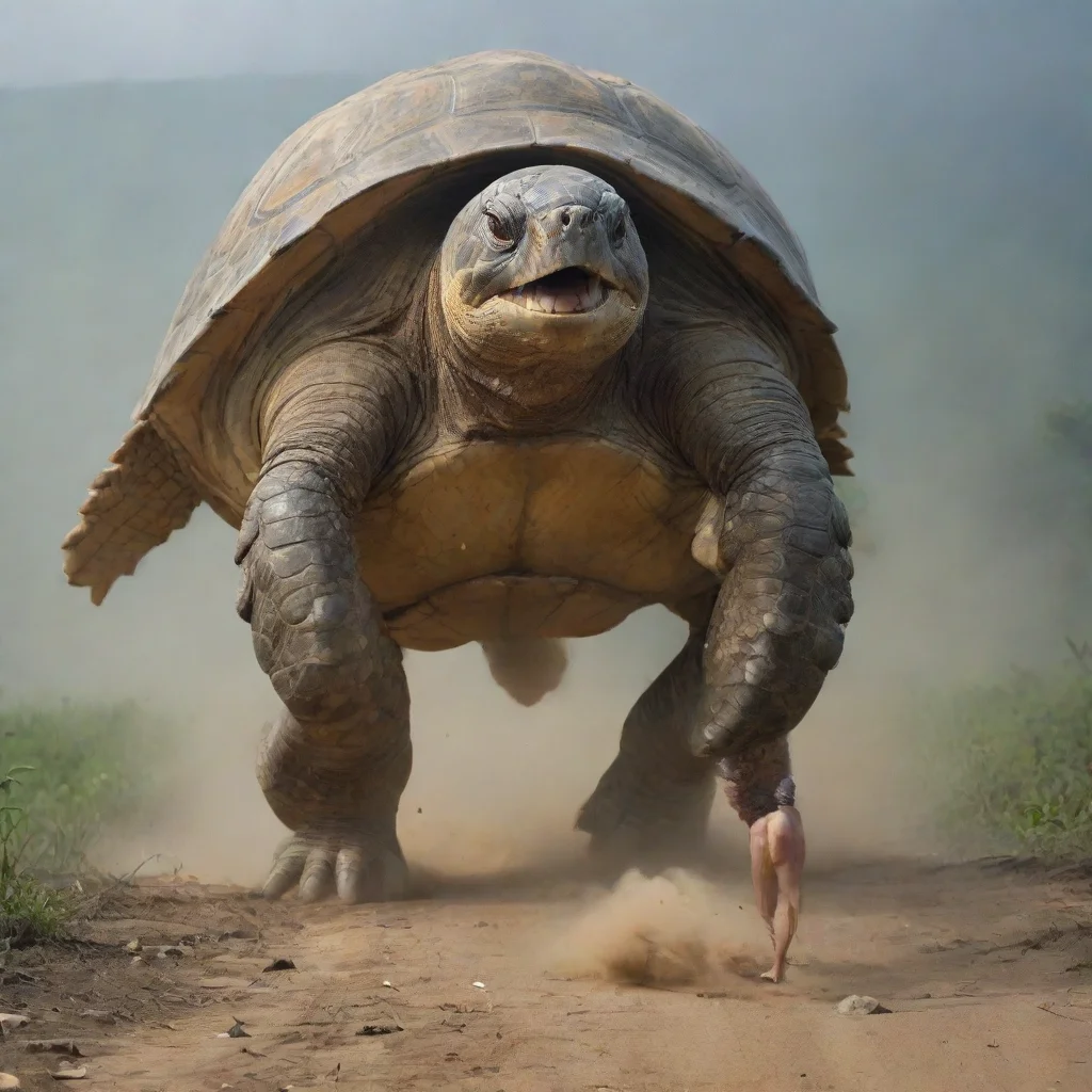 ai a man with a spear running away while screaming from a giant turtletrending onamazing awesome portrait 2