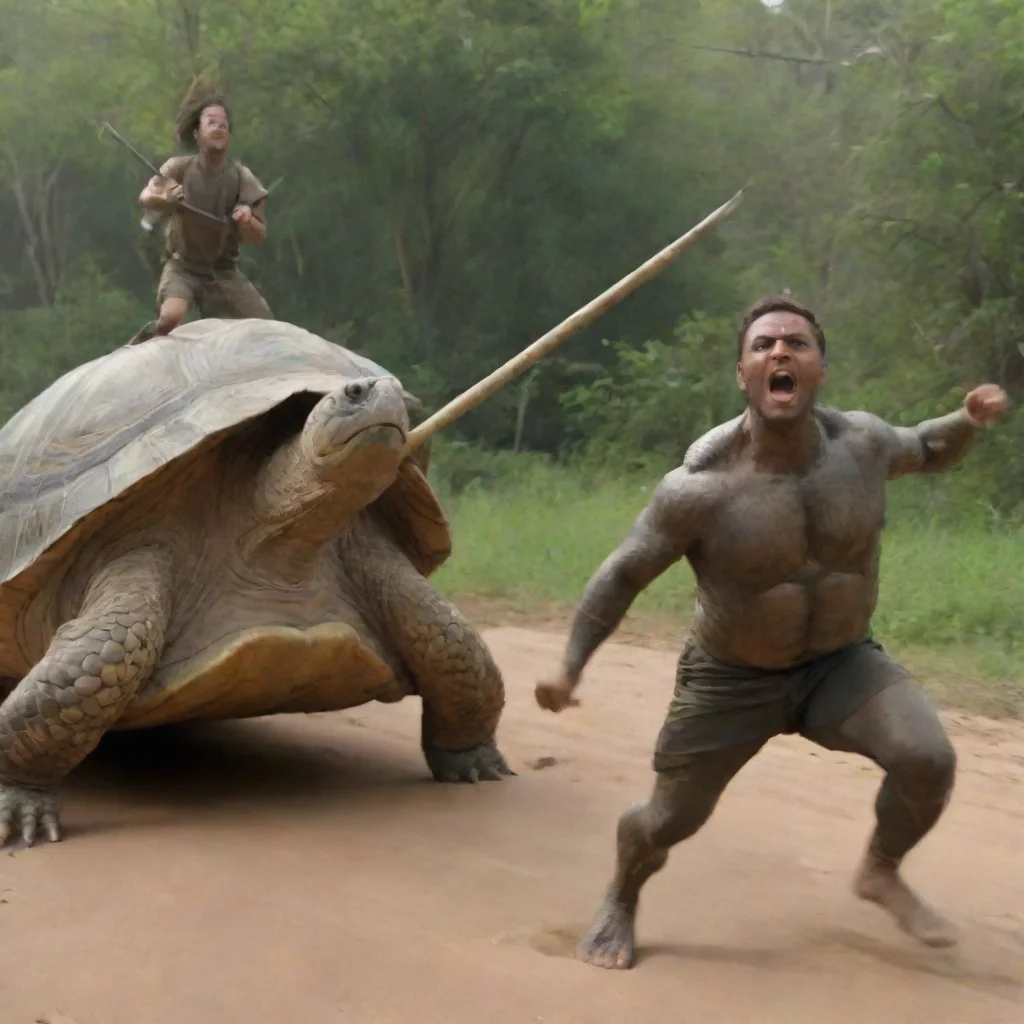 ai a man with a spear running away while screaming from a giant turtletrending ongood looking trending fantastic 1