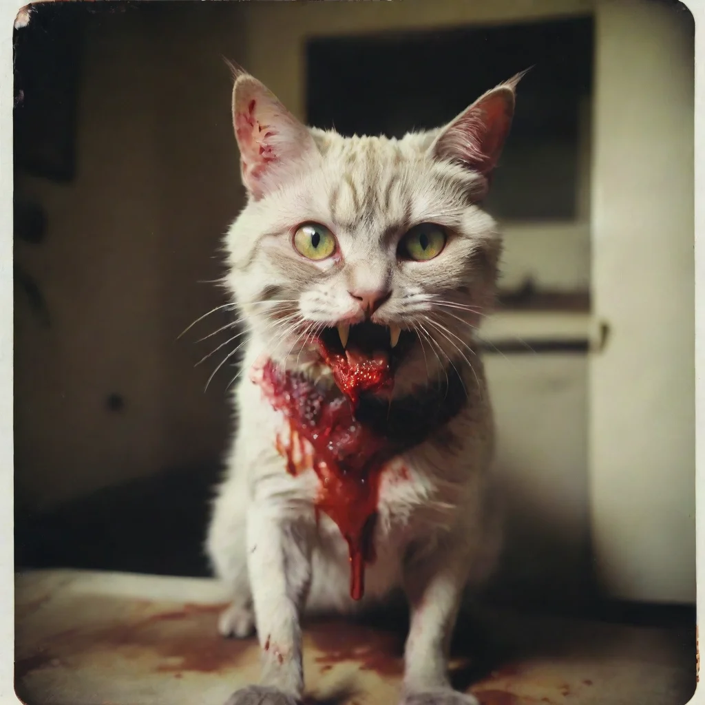ai a mean bloody cypress zombie cat in an old kitchen zomby teeth zombie eyes with lots of blood uncanny horrorpolaroid ama