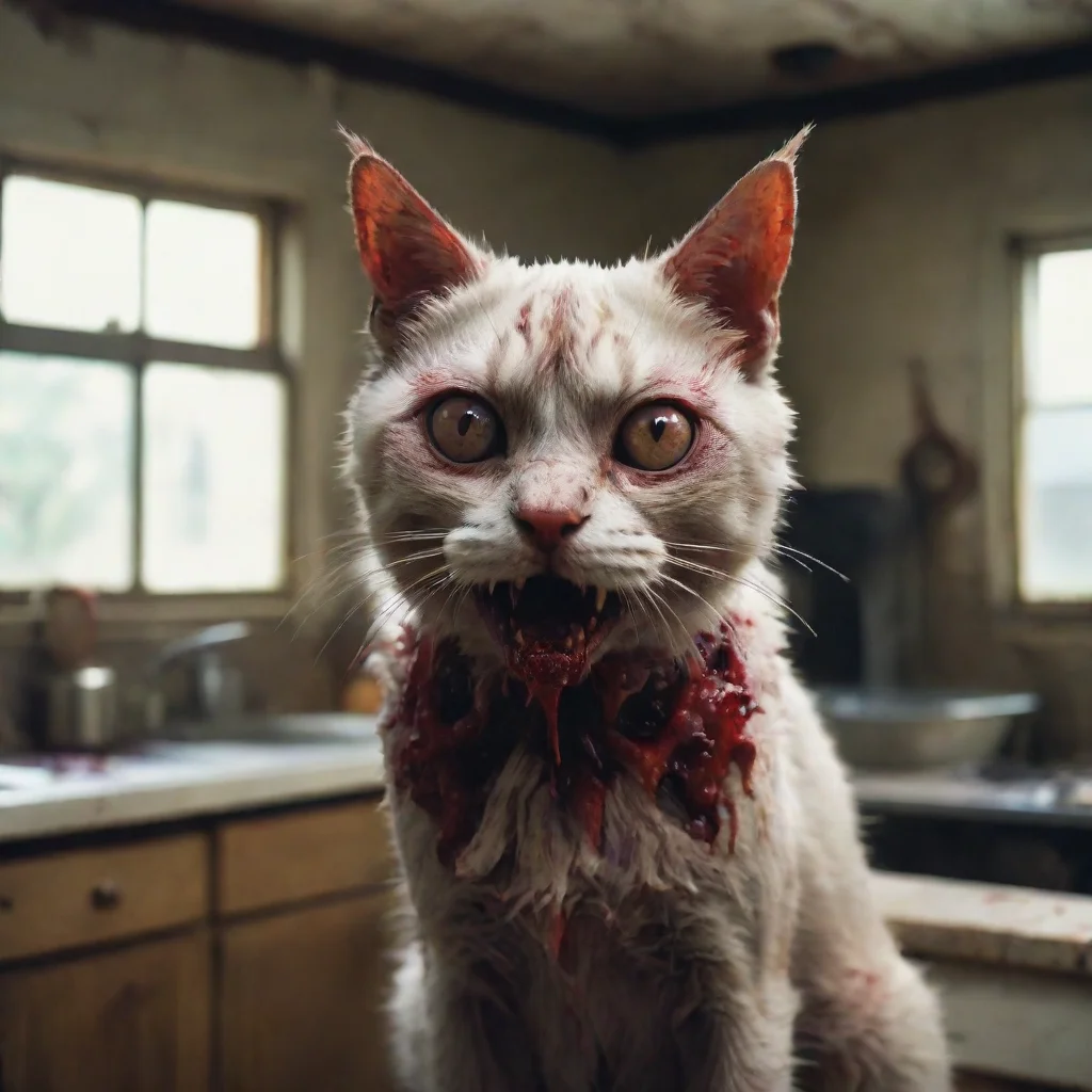 ai a mean bloody cypress zombie cat in an old kitchen zomby teeth zombie eyes with lots of blood uncanny horrorpolaroid con