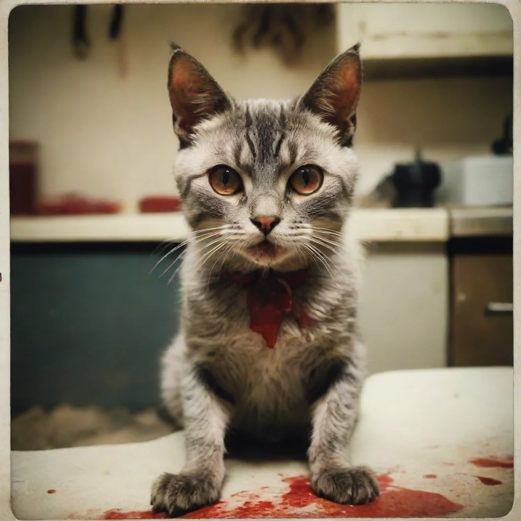 ai a mean cyper zombie cat in an old kitchen with lots of blood uncanny polaroid good looking trending fantastic 1