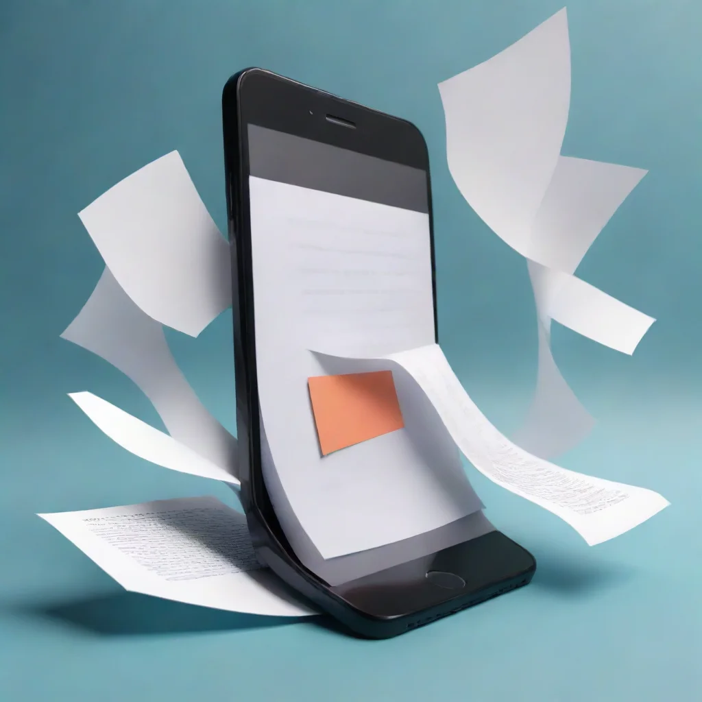 ai a mobile phone with screen shown with several pieces of paper seeming to curve into it cartoon style amazing awesome por