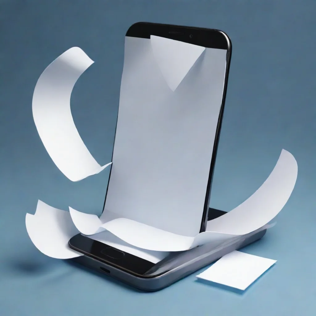 ai a mobile phone with screen shown with several pieces of paper seeming to curve into it cartoon style confident engaging 