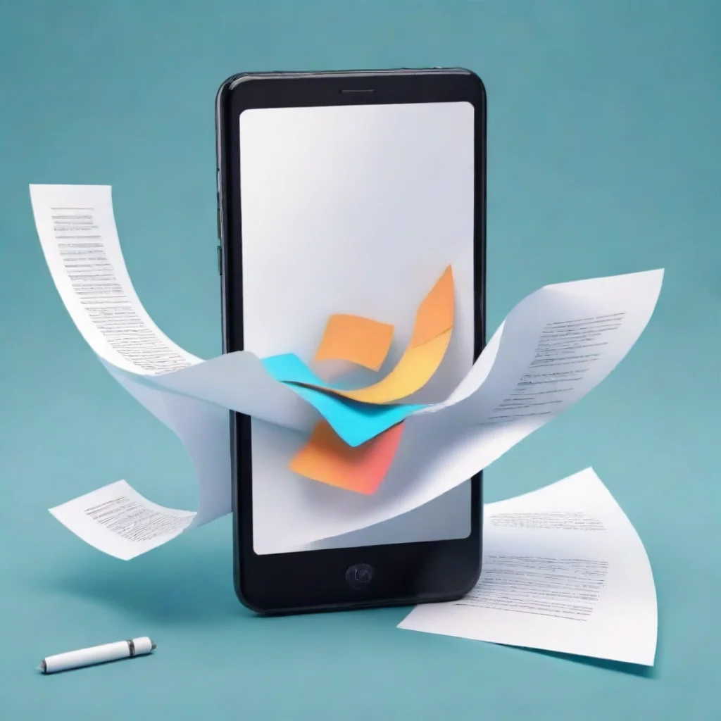 a mobile phone with screen shown with several pieces of paper seeming to curve into it cartoon style good looking trendi